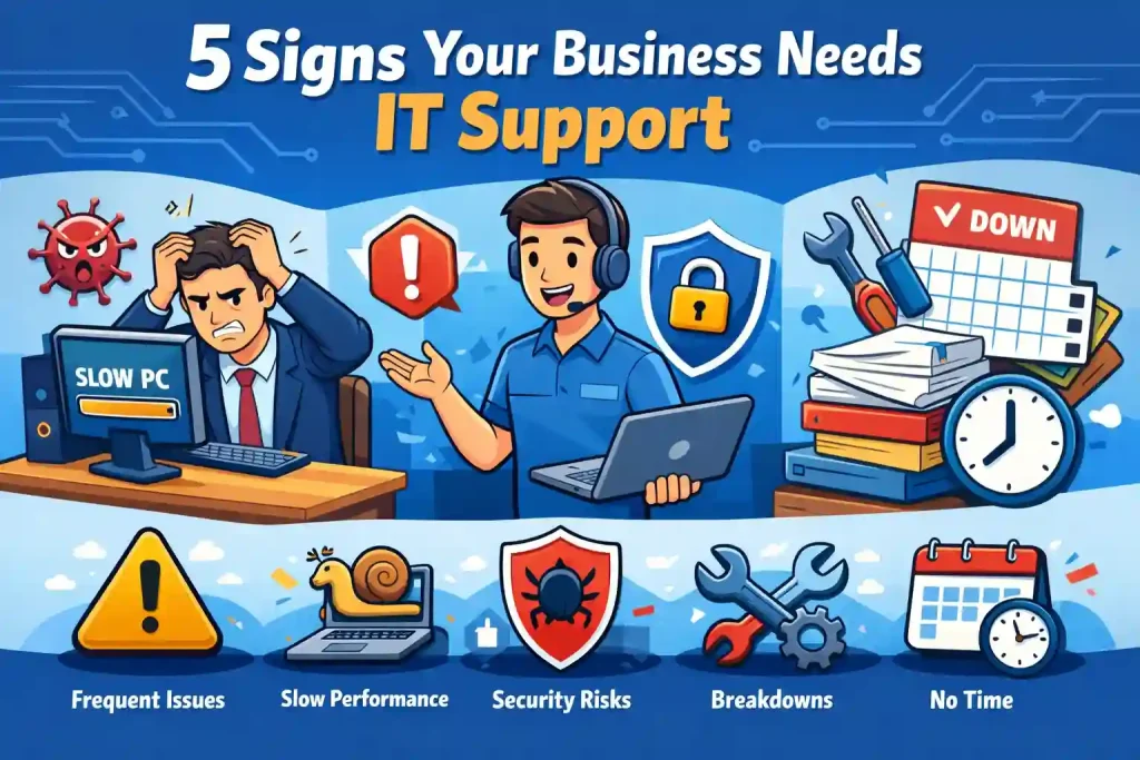 5 signs your business needs IT support including slow computers, security risks and downtime