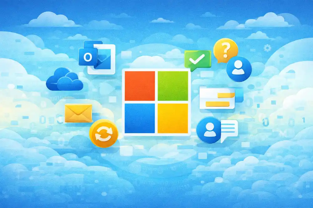 Modern Microsoft-style cloud support illustration with email, sync, and user help icons in blue colour scheme