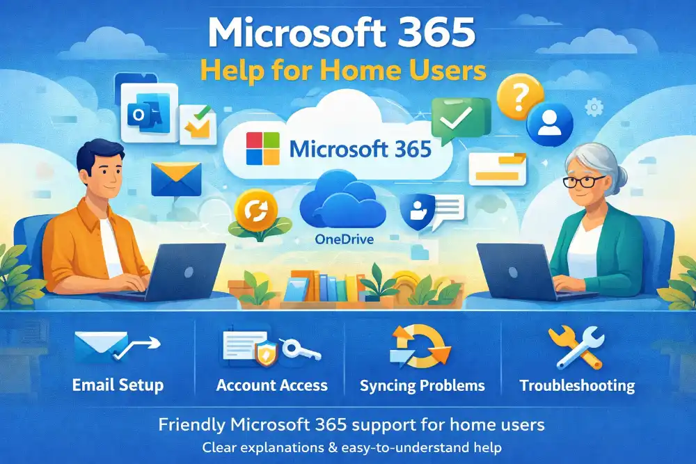 Microsoft 365 home user support illustration with Outlook email, OneDrive cloud storage, and account assistance