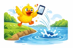 Angry duck throwing mobile into the river due to verification code not arriving