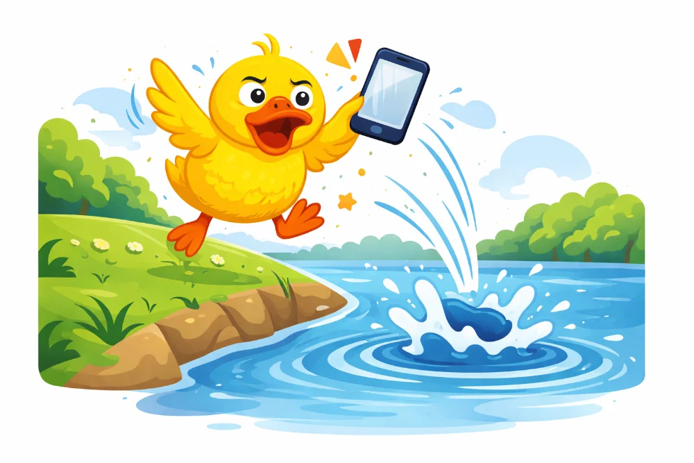 Angry duck throwing mobile into the river due to verification code not arriving