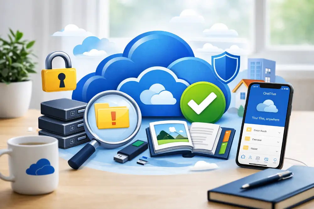 Graphic of OneDrive cloud with laptop, phone, storage devices and icons showing file syncing, backup and security features