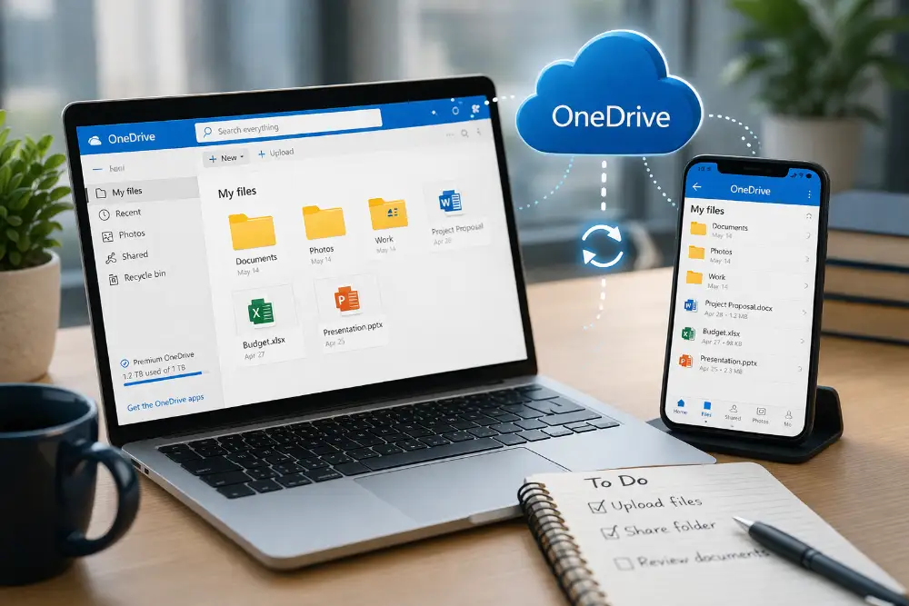 Illustration of Microsoft OneDrive cloud storage with devices, files, security icons and syncing features on a desk setup
