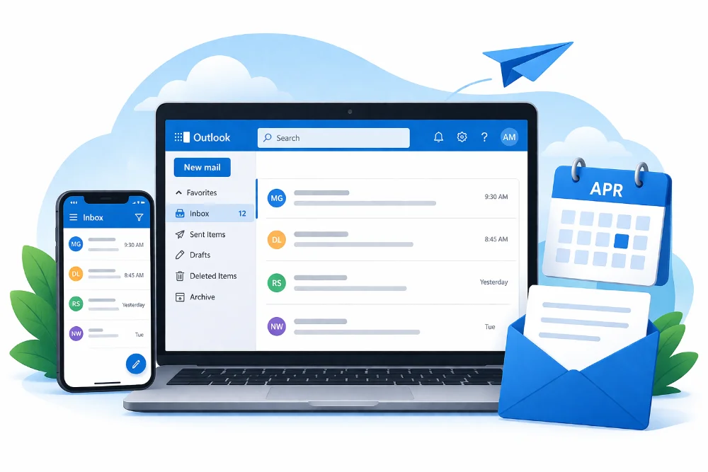 Microsoft Outlook email interface displayed on laptop and smartphone with calendar and messaging features