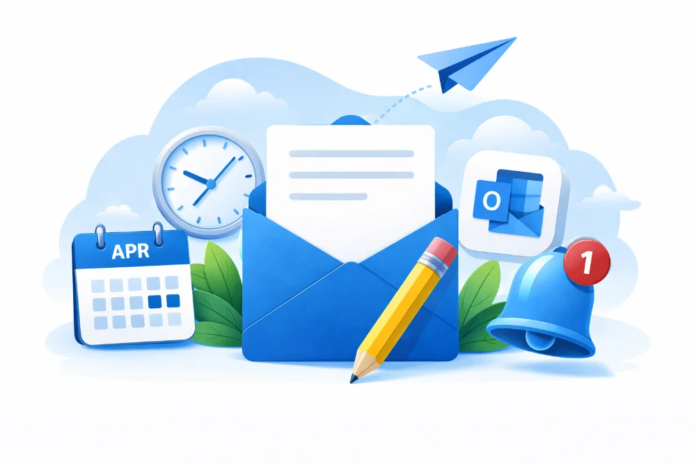 Blue envelope with letter, pencil, calendar, clock and notification icons representing Outlook email management and communication