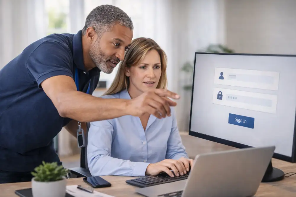 IT technician helping resolve Microsoft account login problem on computer