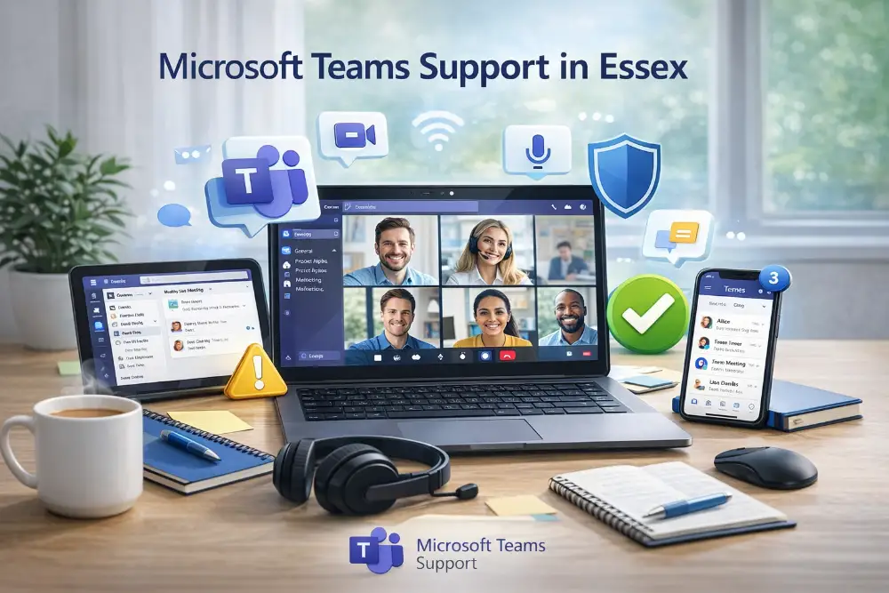 Microsoft Teams help and support in Essex with video meeting, notifications and remote assistance icons