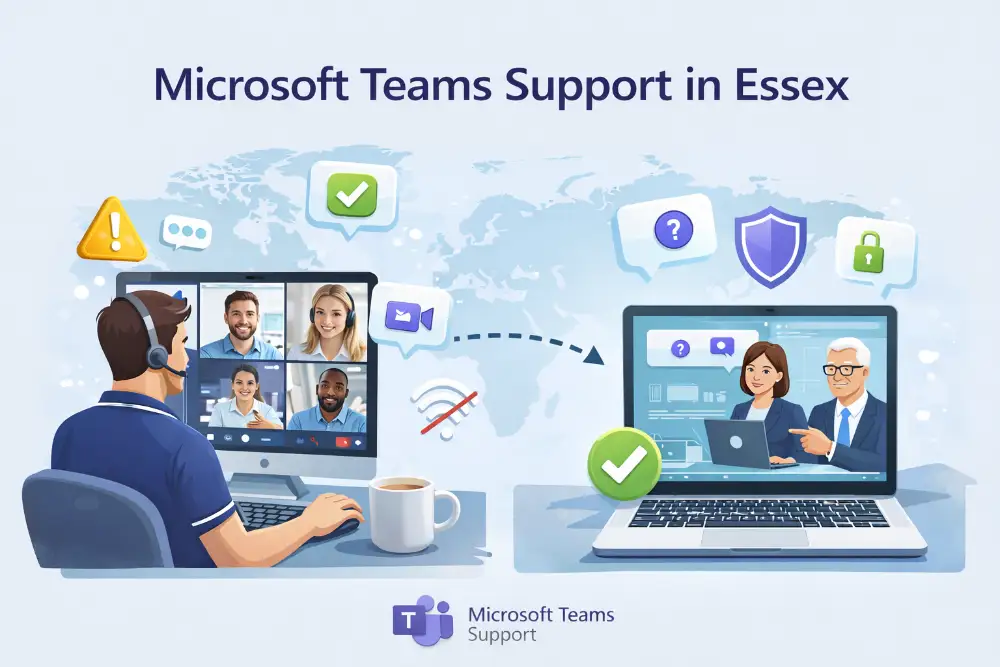 Microsoft Teams support illustration showing remote troubleshooting, meeting help and business support services in Essex