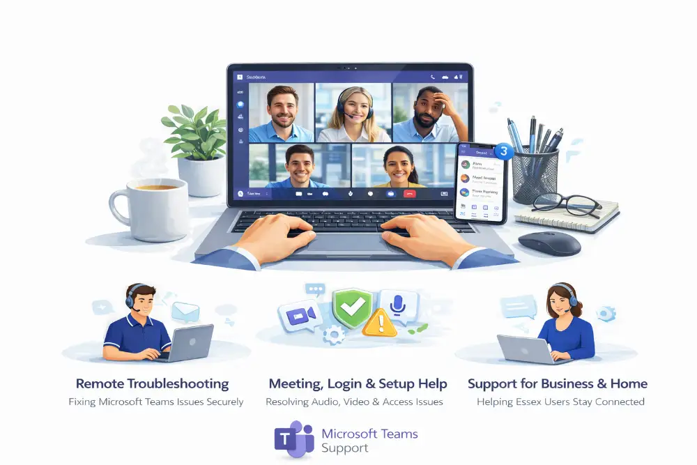 Laptop showing Microsoft Teams video call with remote IT support setup on a clean desk environment