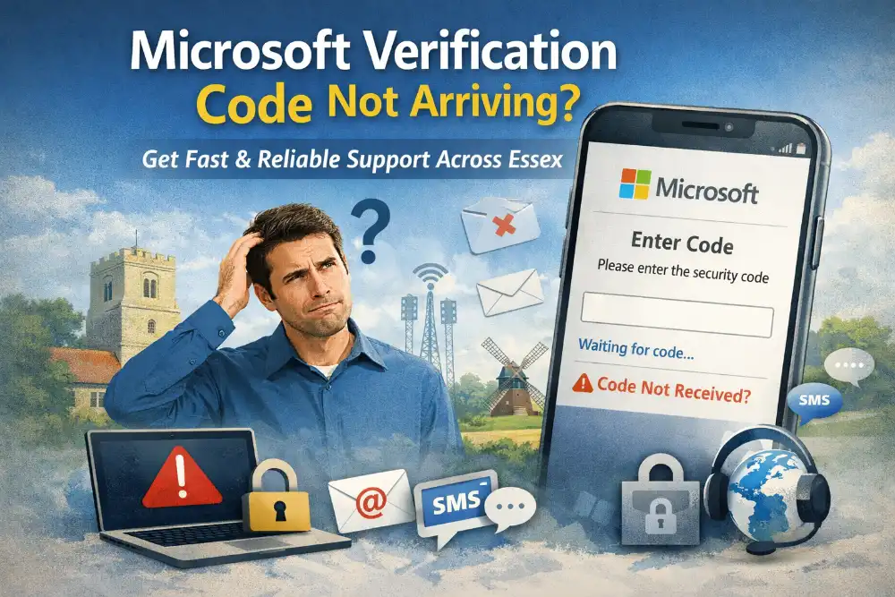 Microsoft verification code not arriving on phone with user confused, Essex remote IT support for security code issues
