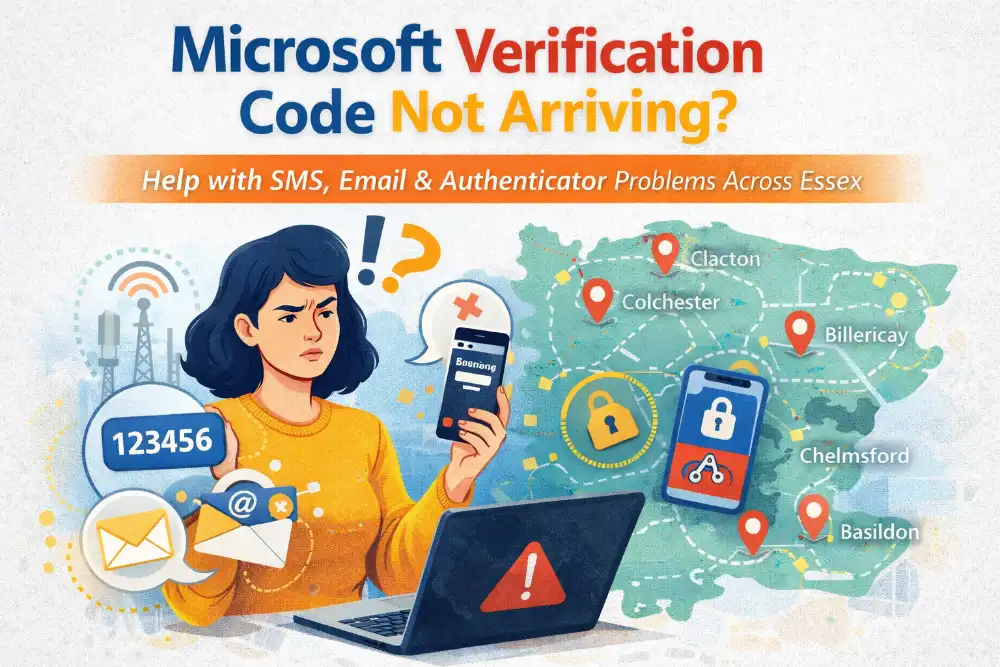 Illustration of Microsoft verification code problems with Essex locations showing SMS, email and authenticator issues