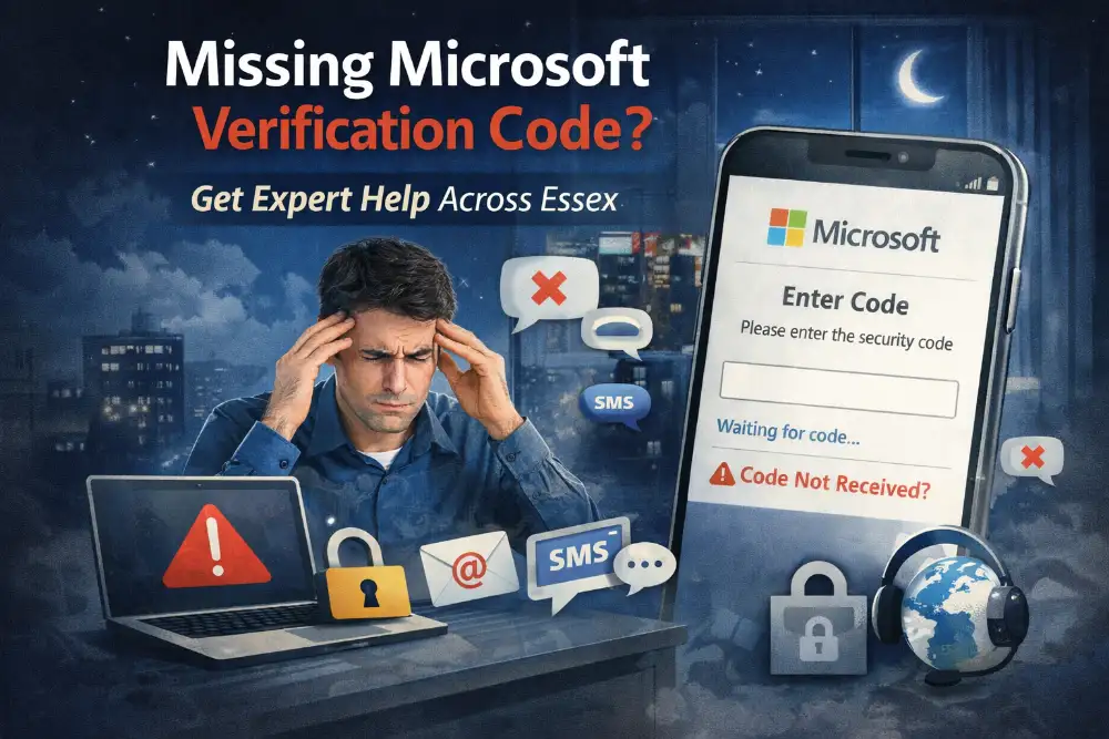 User struggling at night with missing Microsoft verification code on phone and laptop, remote support in Essex