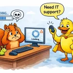 Cartoon illustration of remote IT support fixing slow computer for business user in Essex