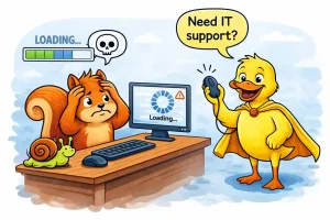 Cartoon illustration of remote IT support fixing slow computer for business user in Essex