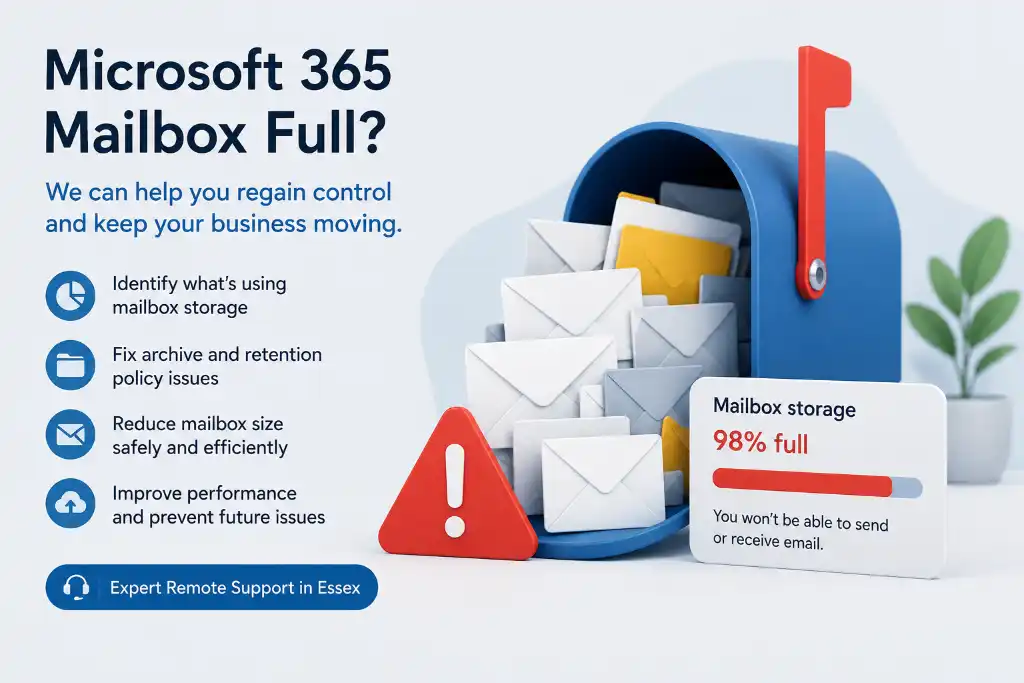 Exchange Online mailbox full illustration showing email storage management, archiving and Microsoft 365 support