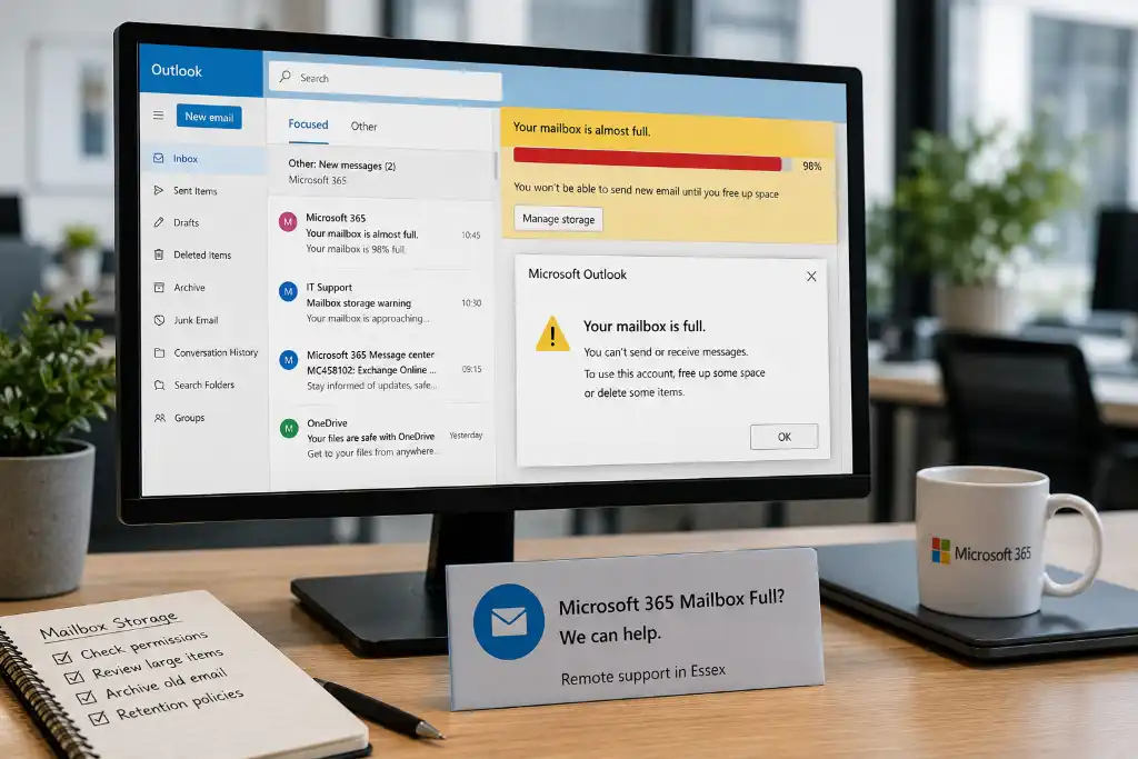 Microsoft 365 mailbox full warning displayed in Outlook with Office 365 email storage issues requiring support