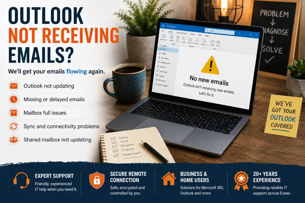 Outlook not receiving emails support in Essex showing Microsoft 365 email synchronisation and mailbox troubleshooting.