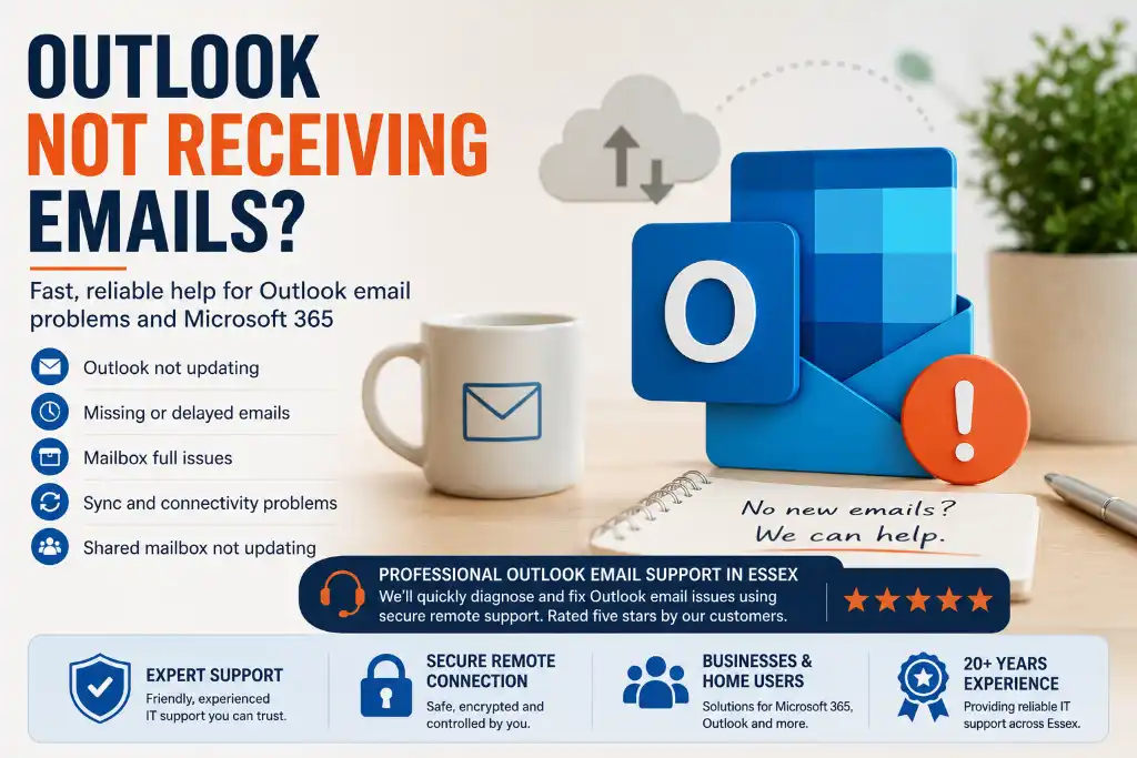 Professional Outlook email support in Essex helping resolve Outlook not receiving emails, mailbox issues and Microsoft 365 sync problems.